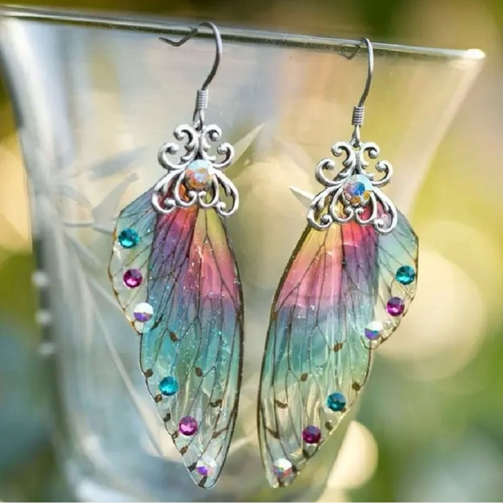 COPY - Femme Wing Drop Earrings Purple Resin Fairy Cicada Wings Earrings Rhines…